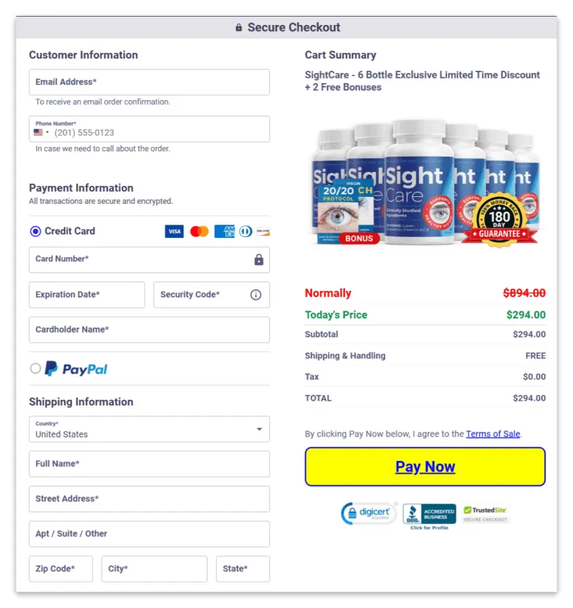 SightCare Secure Checkout Page